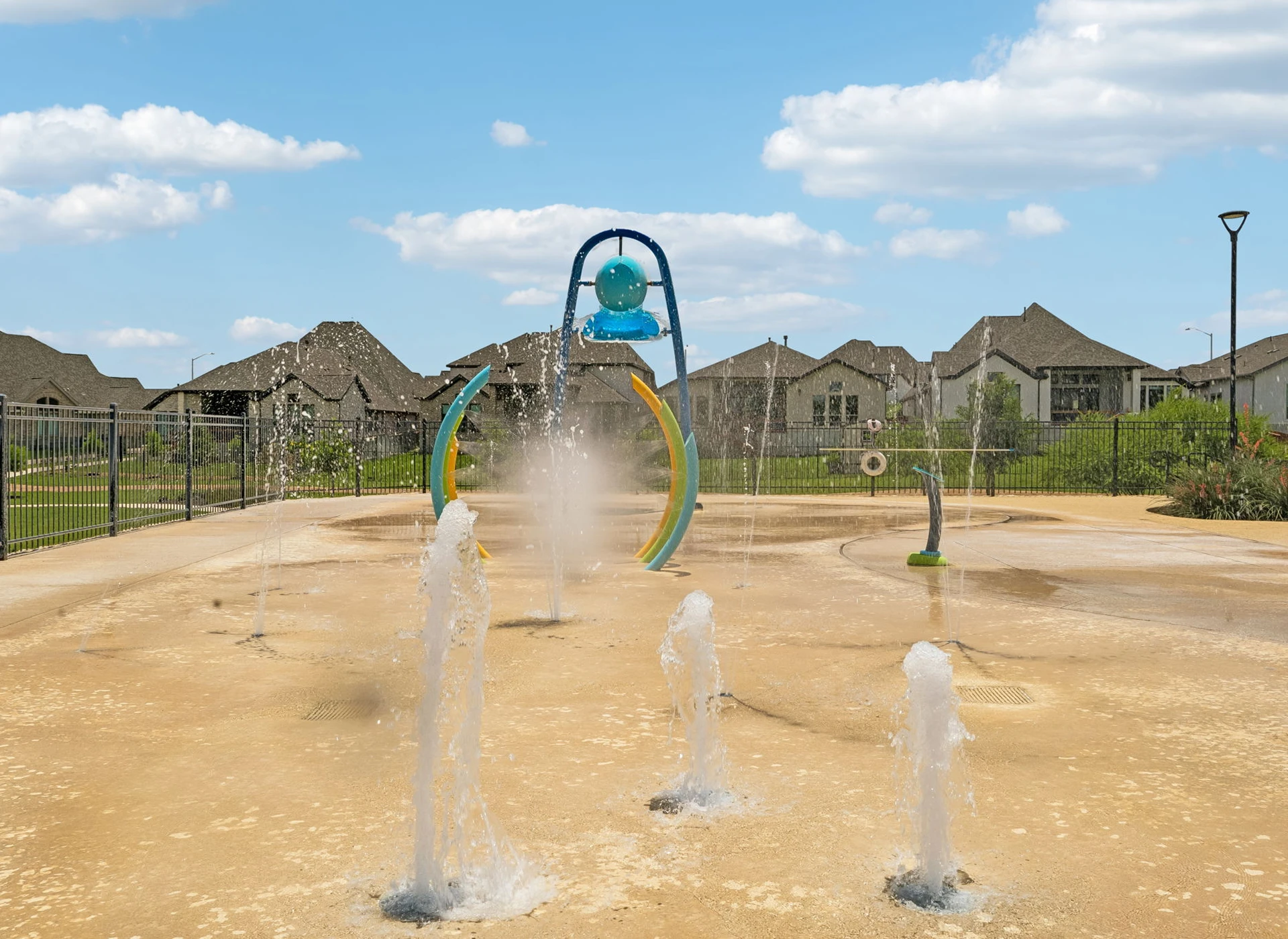 Children's splash pad with water fountains.
