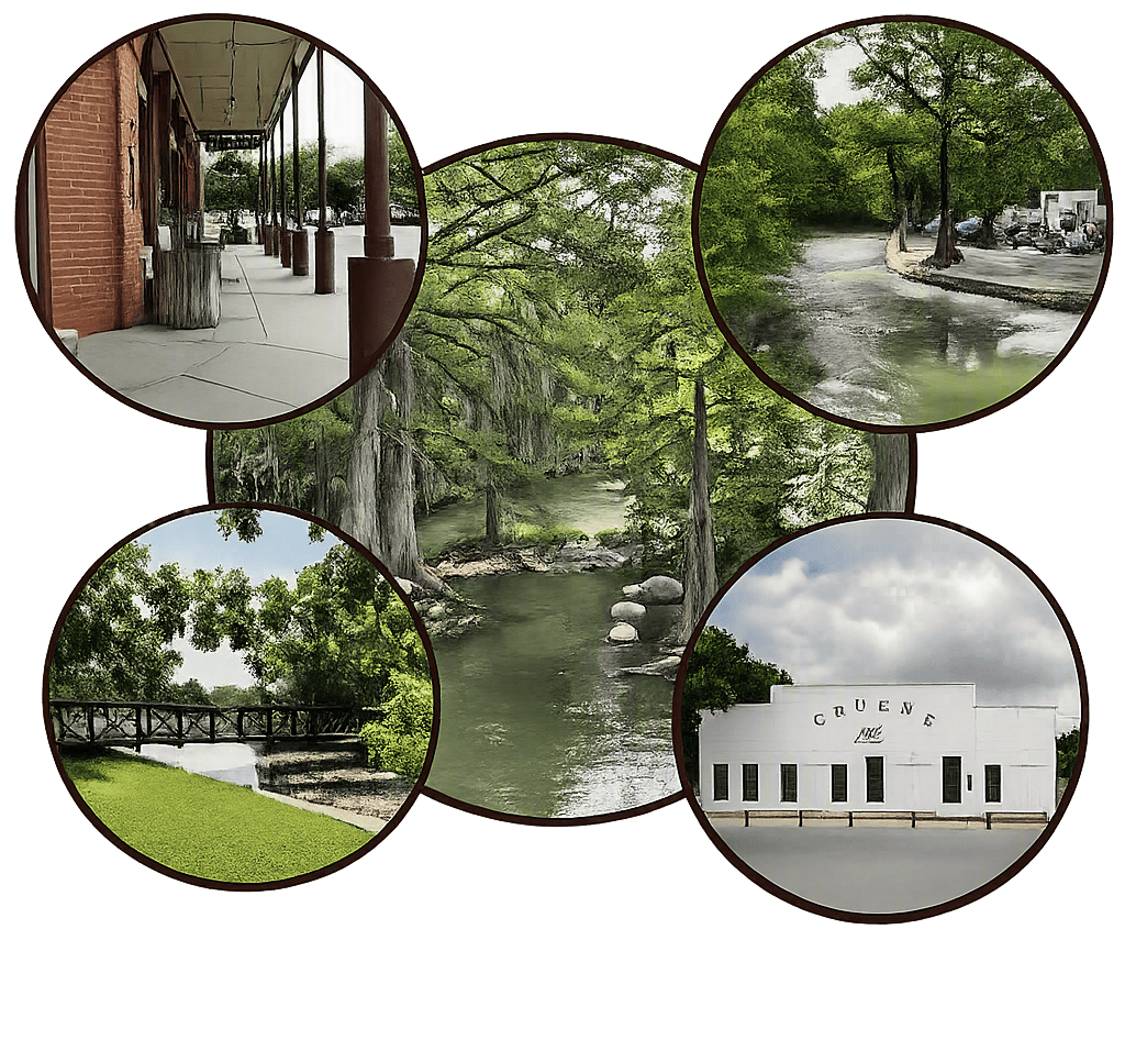 Southern town river scenes and storefronts collage
